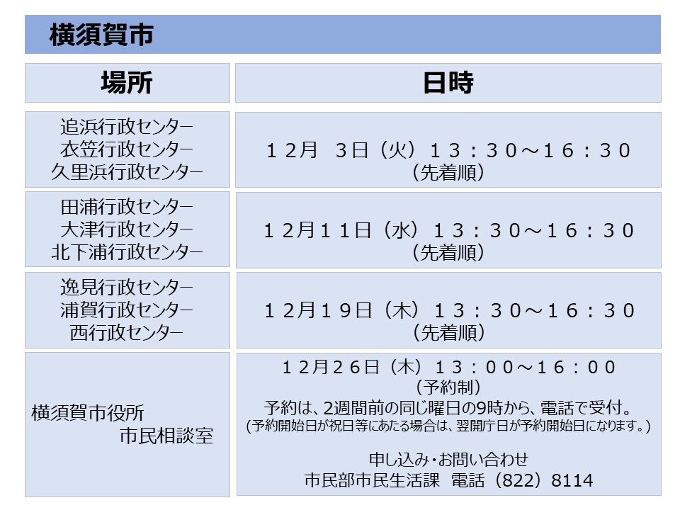 横須賀市の相談会日程(１２月)