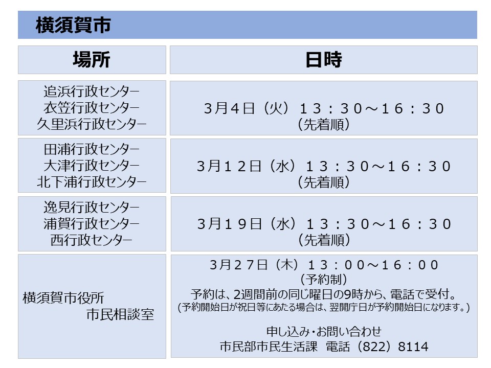 横須賀市の相談会日程(３月)